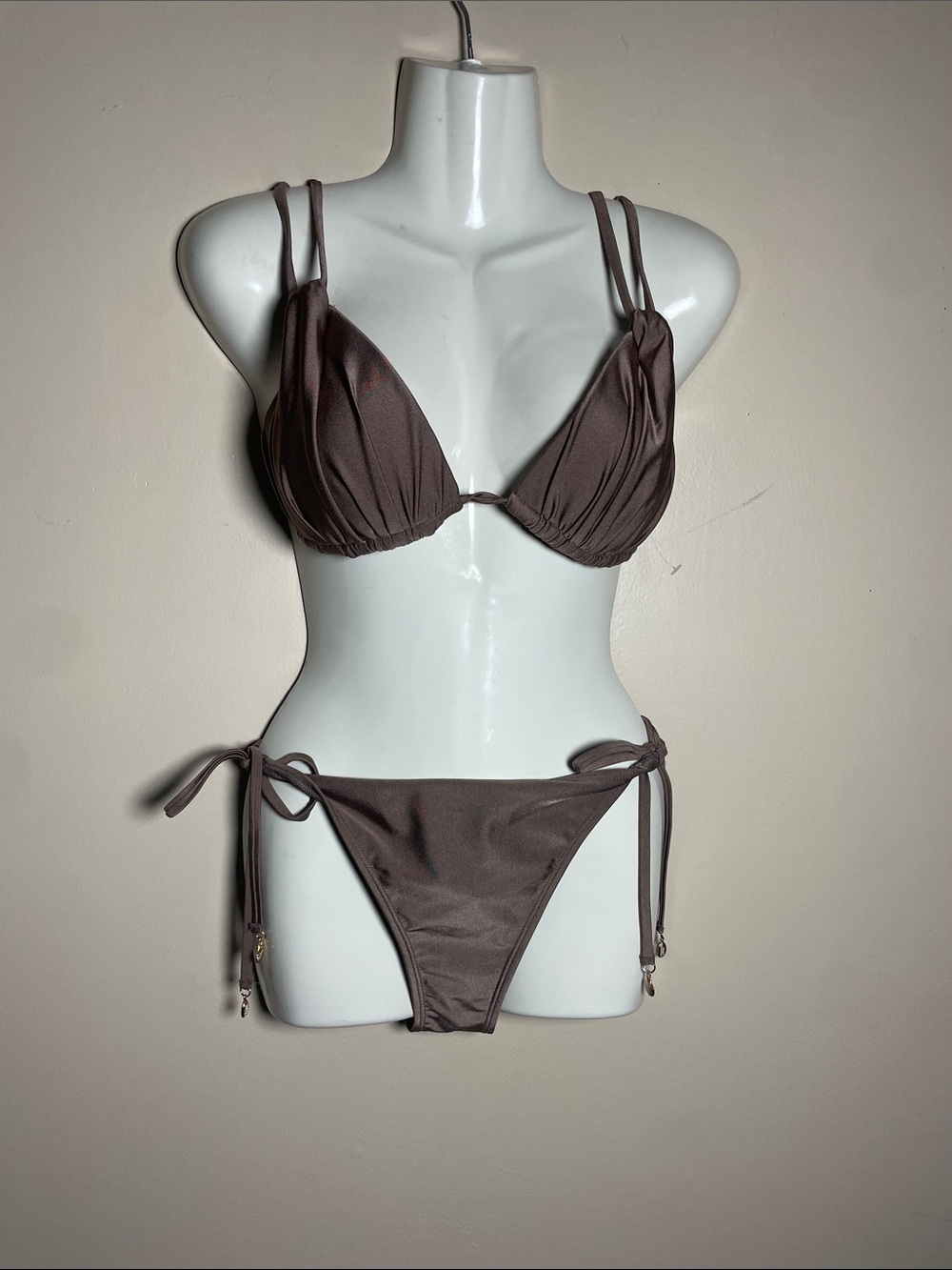 Catherine Malandrino 3 piece chocolate brown triangle bikini and sarong set M